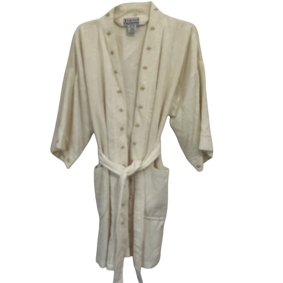 Tolga Designs Other - Cotton Terry Robe Cream Embroidered Rosebud Shawl Collar Cottagecore Tolga OS